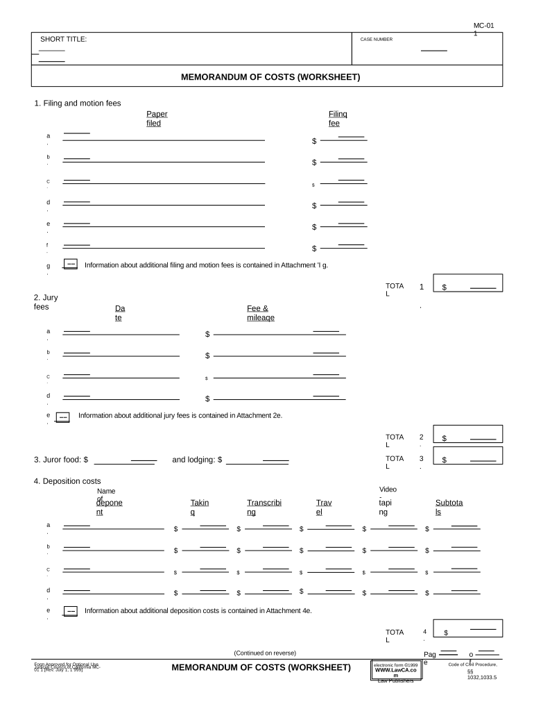 Memorandum Costs  Form