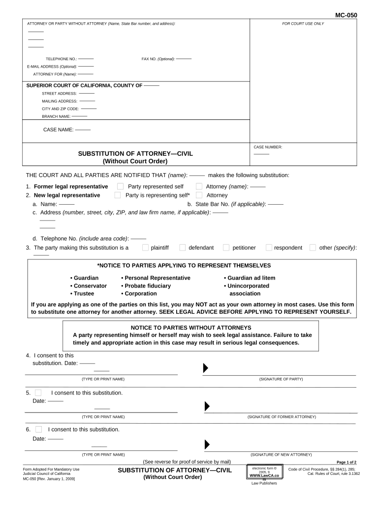 Substitution Attorney  Form