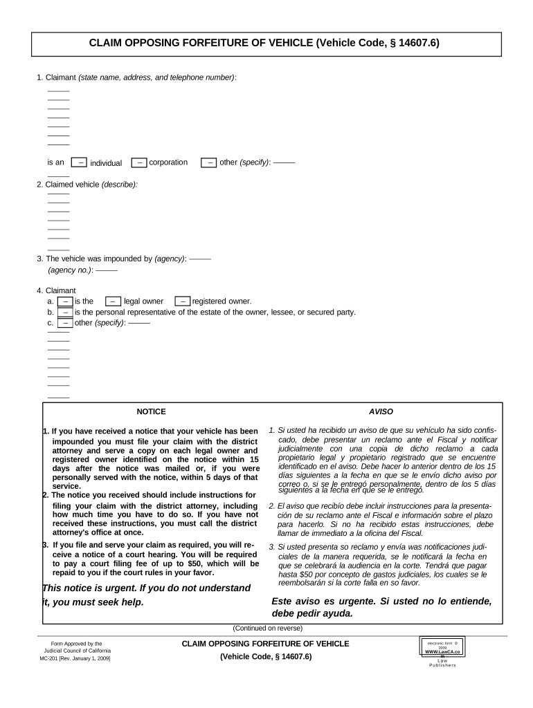 Opposing Forfeiture  Form