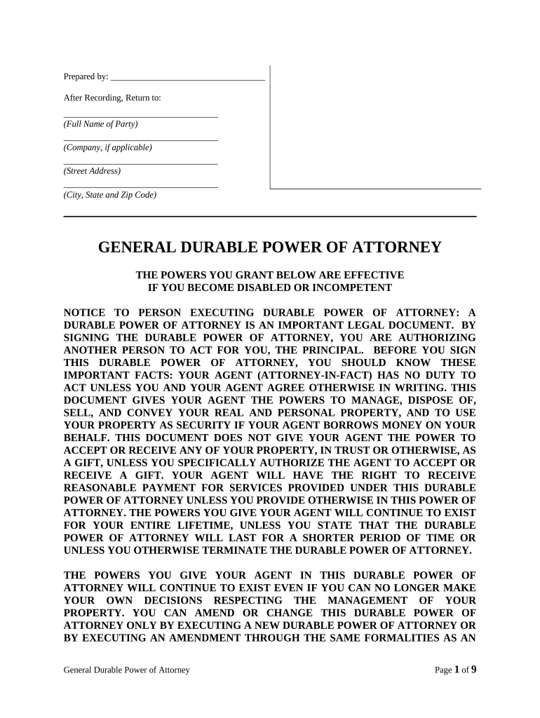 General Durable Power of Attorney for Property and Finances or Financial Effective Upon Disability California  Form