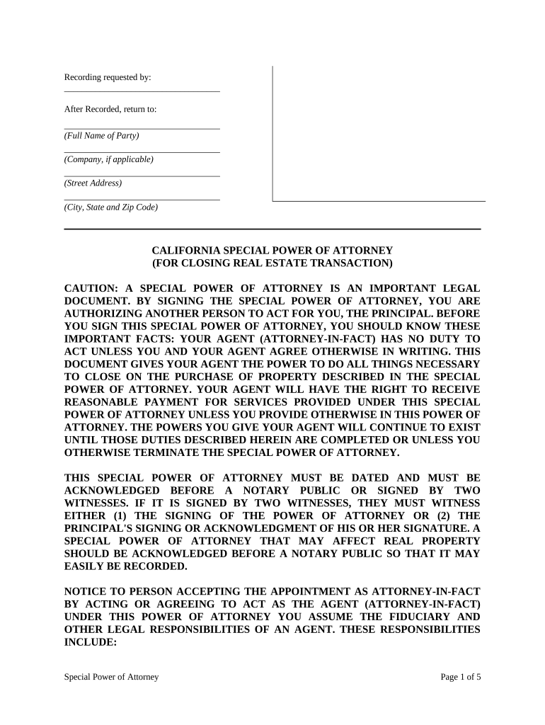 Fill and Sign the Special or Limited Power of Attorney for Real Estate Purchase Transaction by Purchaser California Form