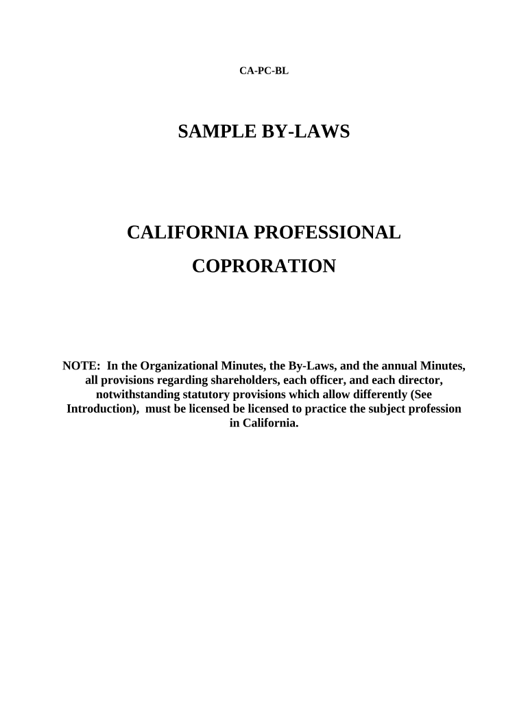 Sample Bylaws for a California Professional Corporation California  Form