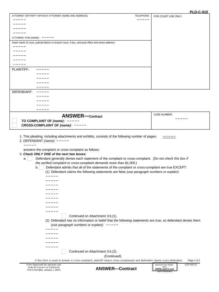 California Cross Complaint Sample  Form