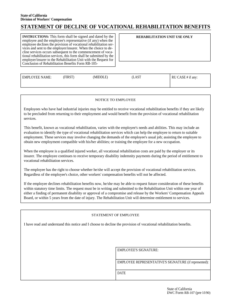 Statement of Decline of Vocational Rehabilitation for Workers' Compensation California  Form