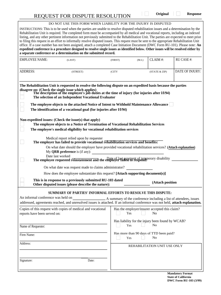 Request for Dispute Resolution for Workers' Compensation California  Form