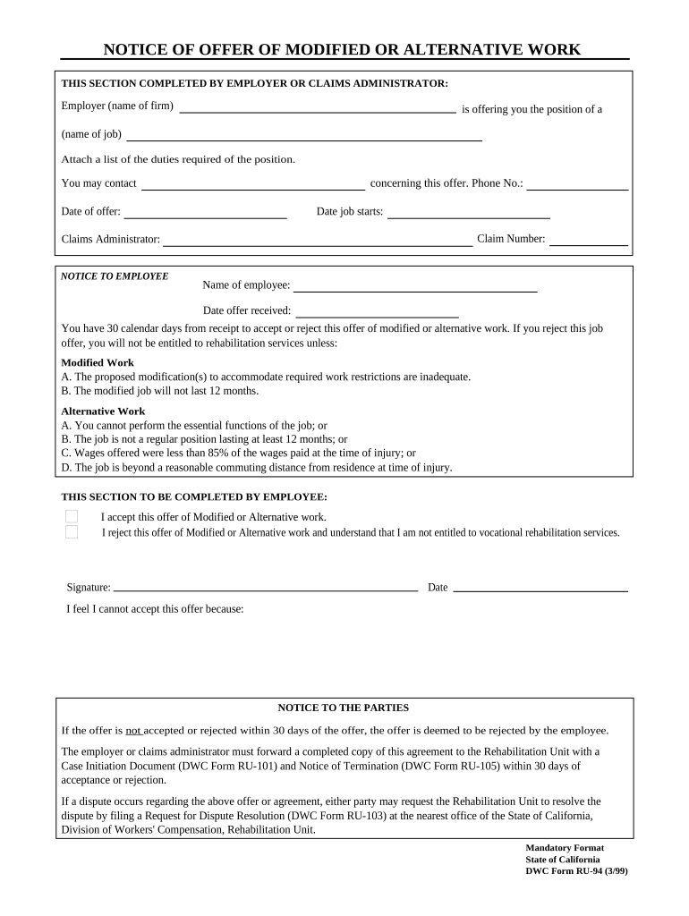 Ca Work Compensation  Form