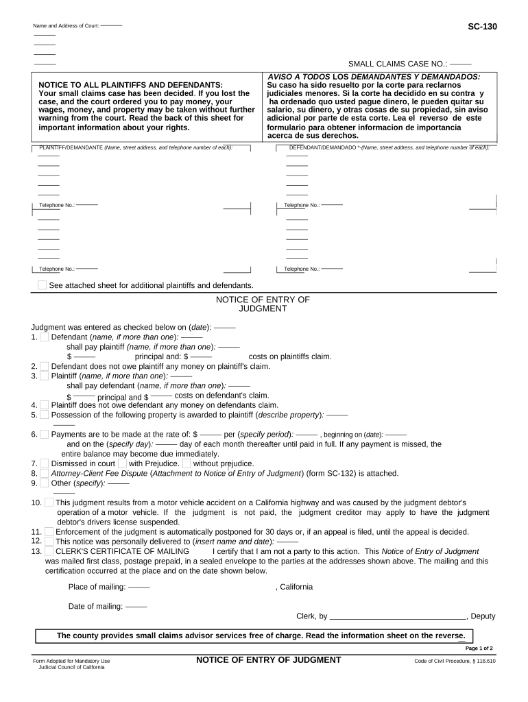 Notice Entry Judgment  Form