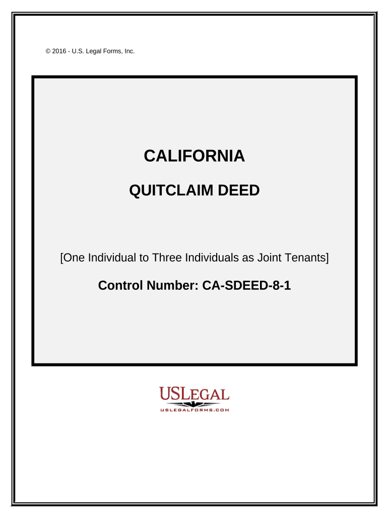 Quitclaim Deed from One Individual to Three Individuals as Joint Tenants California  Form