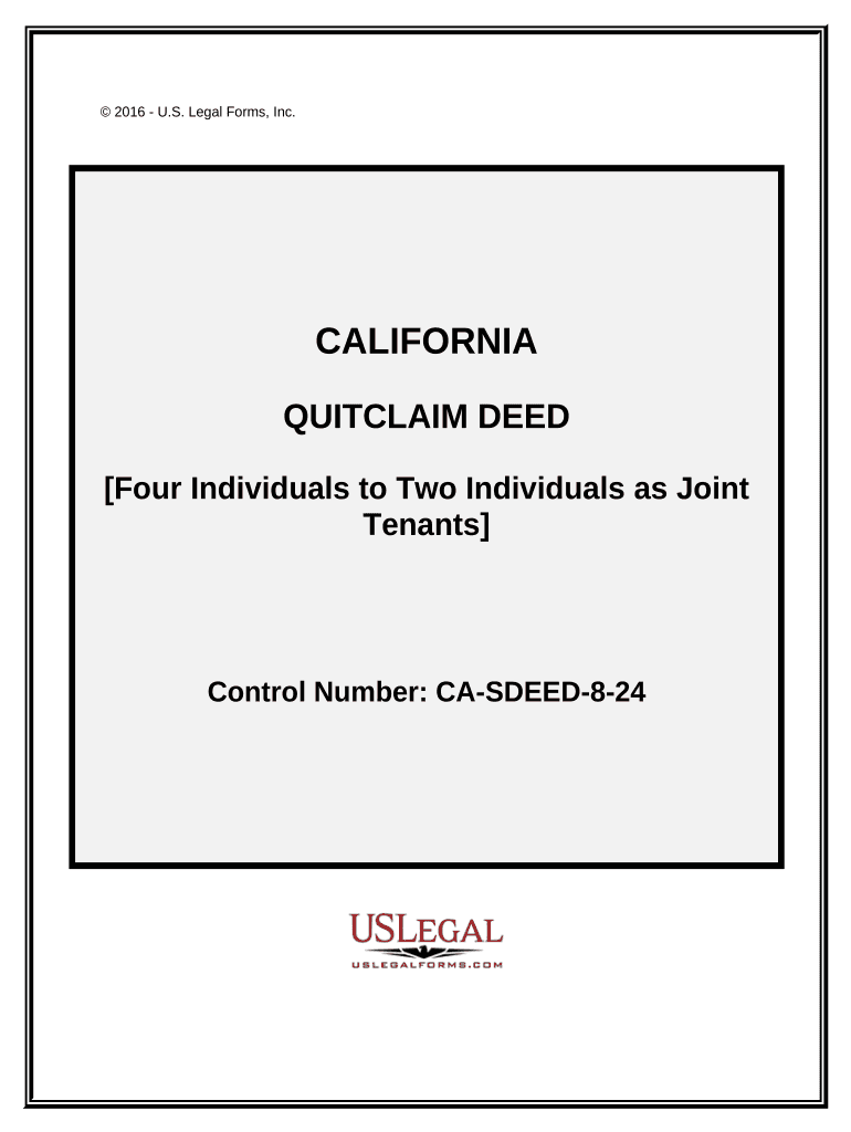 Quitclaim Deed for Four Individuals to Two Individuals as Joint Tenants California  Form