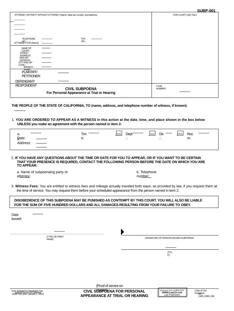 California Subpoena  Form