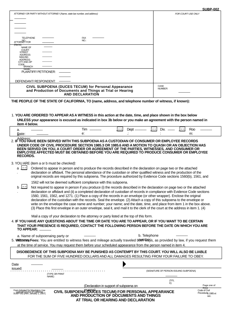 Ca Subpoena  Form