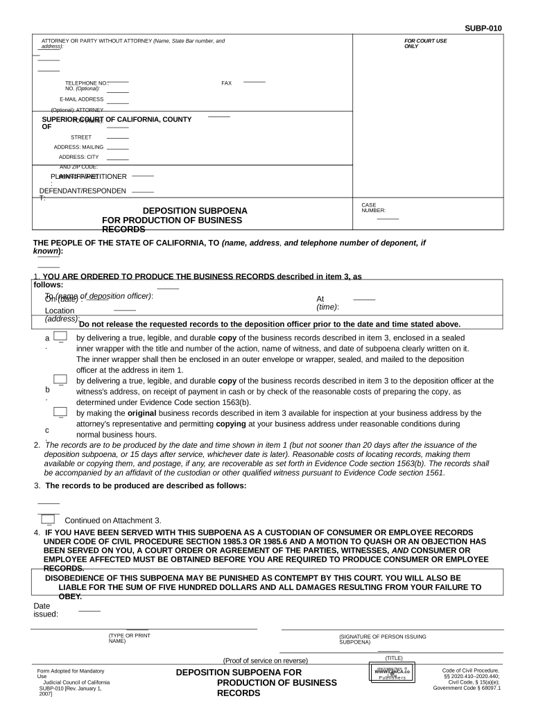 Subpoena Records  Form