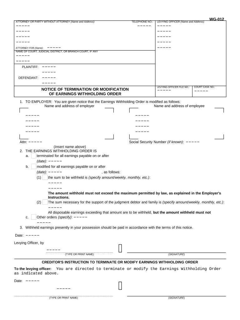 Notice of Termination or Modification of Earnings Withholding Order  Form