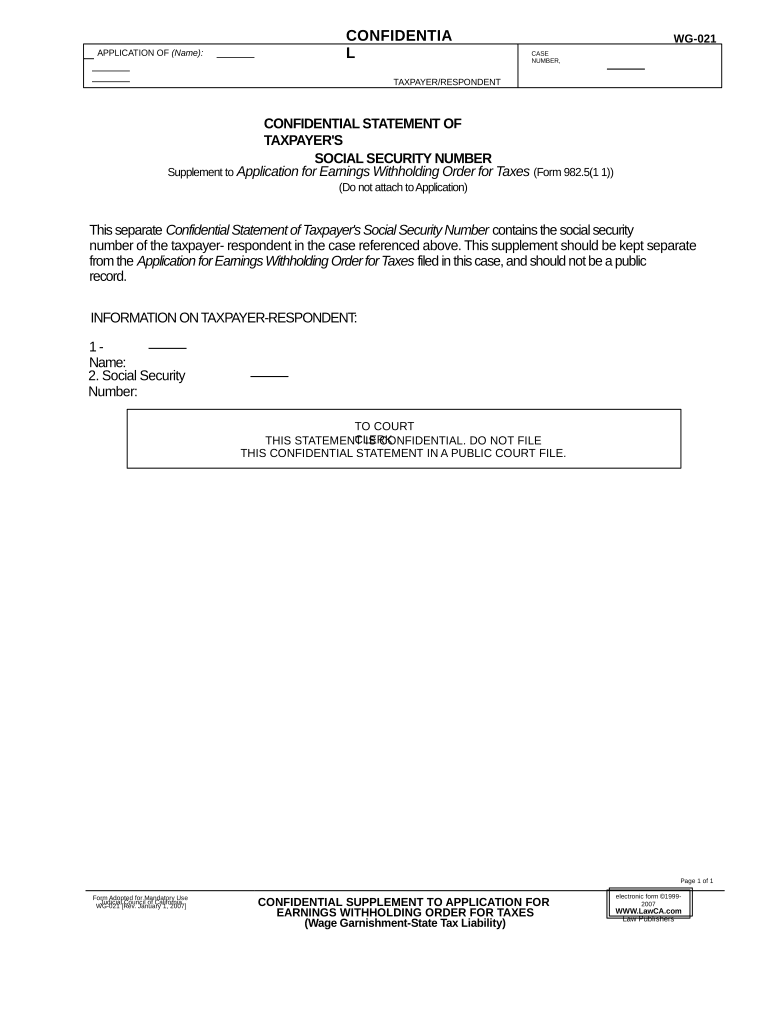 Confidential Supplement to Application for Earnings Withholding Order for Taxes California  Form
