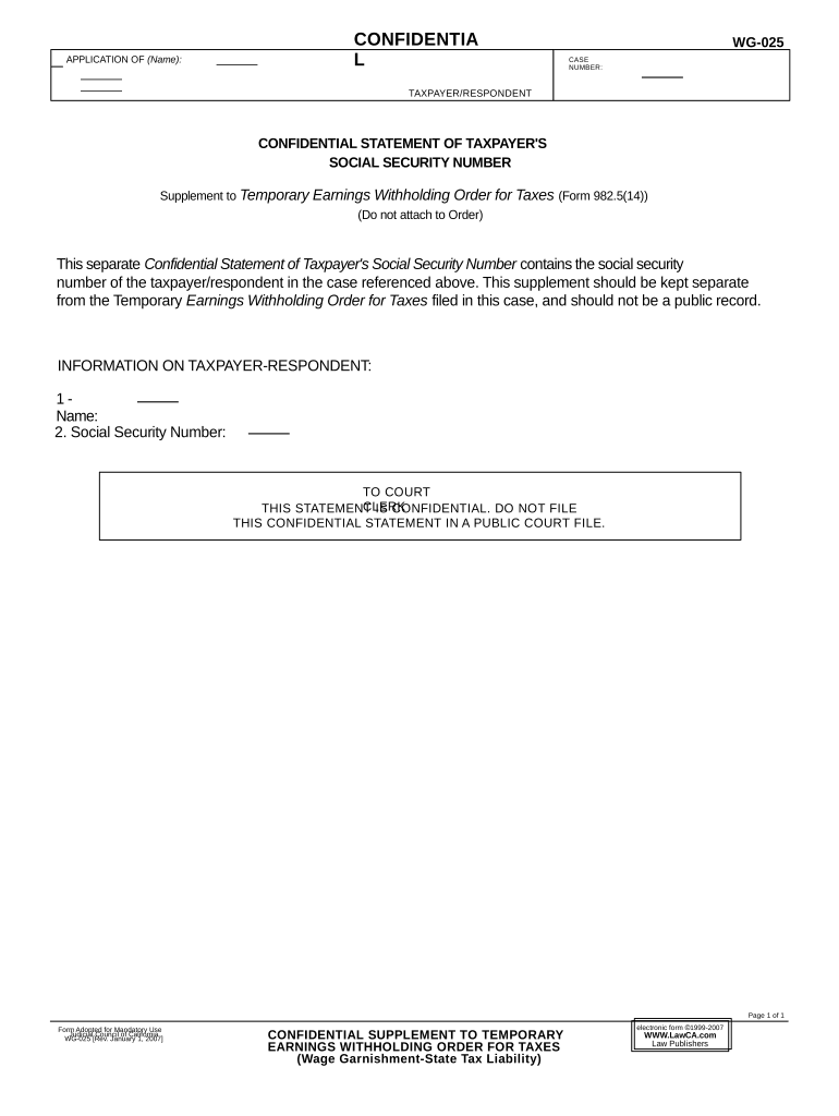 Confidential Supplement to Temporary Earnings Withholding Order for Taxes California  Form