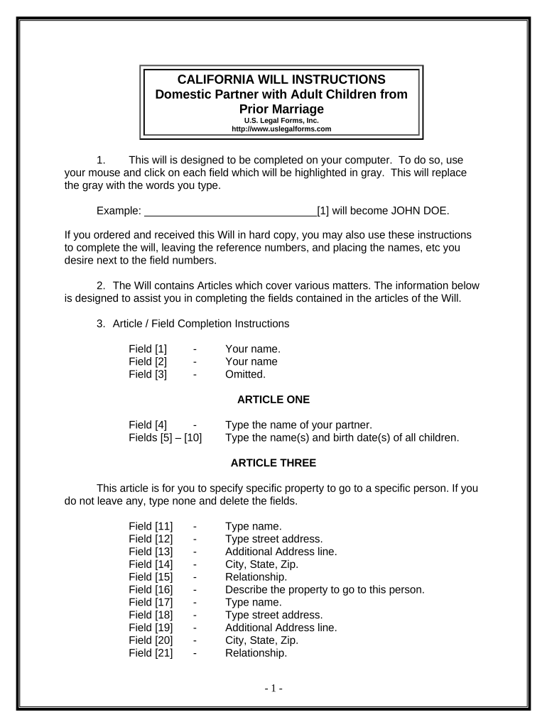 Legal Last Will and Testament Form for Domestic Partner with Adult Children from Prior Marriage California