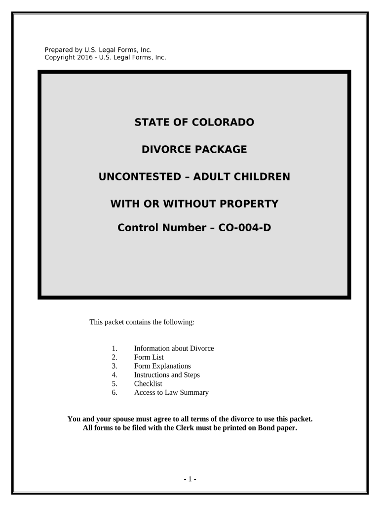 No Fault Uncontested Agreed Divorce Package for Dissolution of Marriage with Adult Children and with or Without Property and Deb  Form