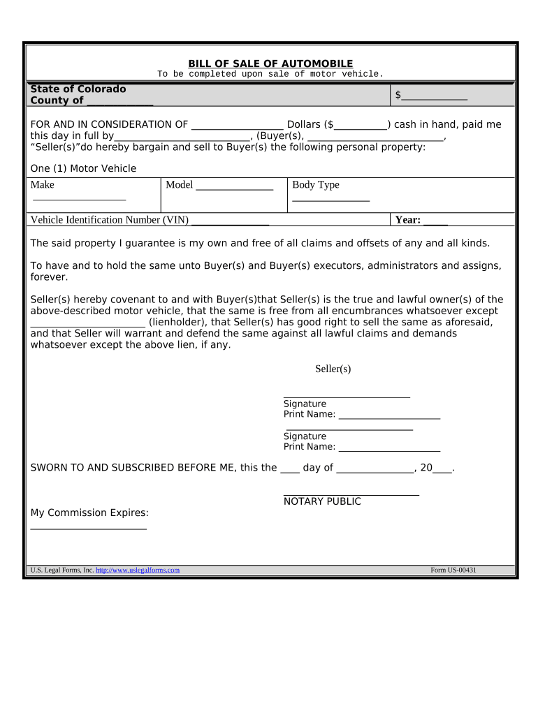 Bill of Sale of Automobile and Odometer Statement Colorado  Form