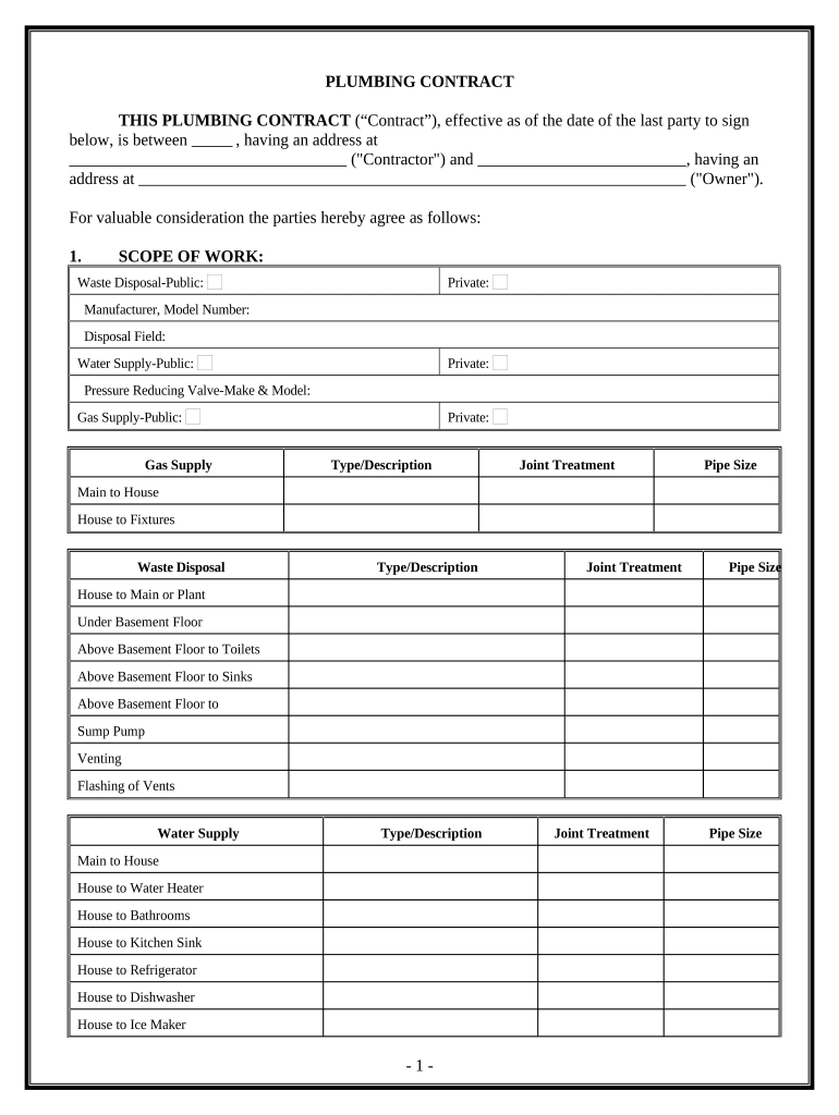 Plumbing Contract for Contractor Colorado  Form