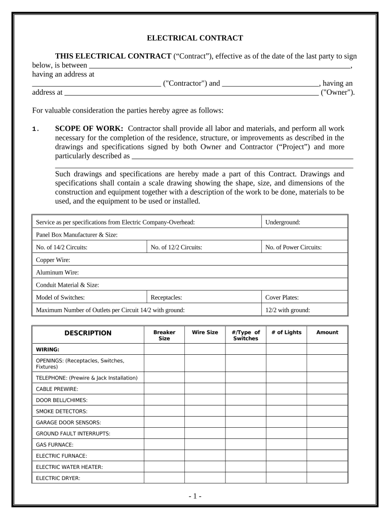 Electrical Contract for Contractor Colorado  Form