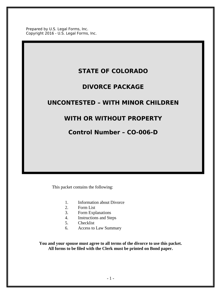 No Fault Agreed Uncontested Divorce Package for Dissolution of Marriage for People with Minor Children Colorado  Form