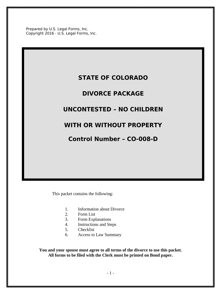 No Fault Agreed Uncontested Divorce Package for Dissolution of Marriage for Persons with No Children with or Without Property an  Form