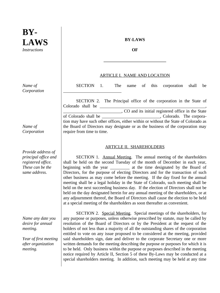 Colorado Bylaws for Corporation Colorado  Form