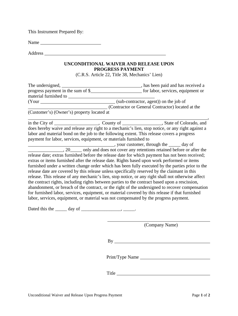 Unconditional Waiver and Release Upon Progress Payment Colorado  Form
