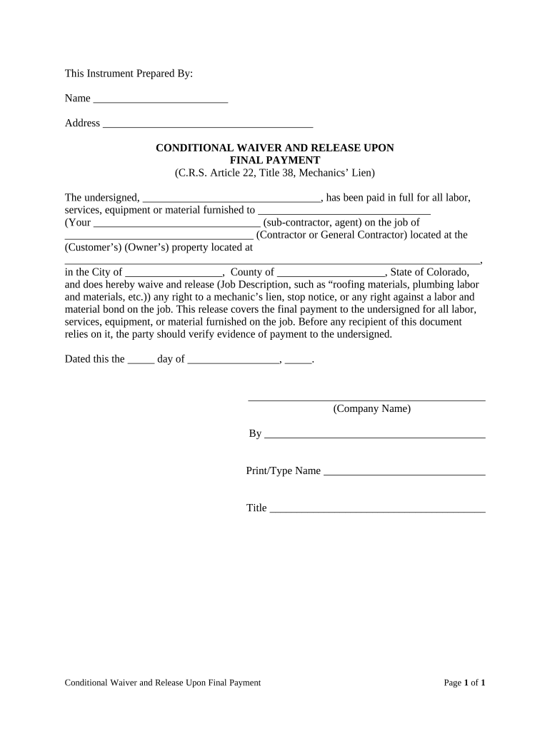 Colorado Conditional Waiver  Form