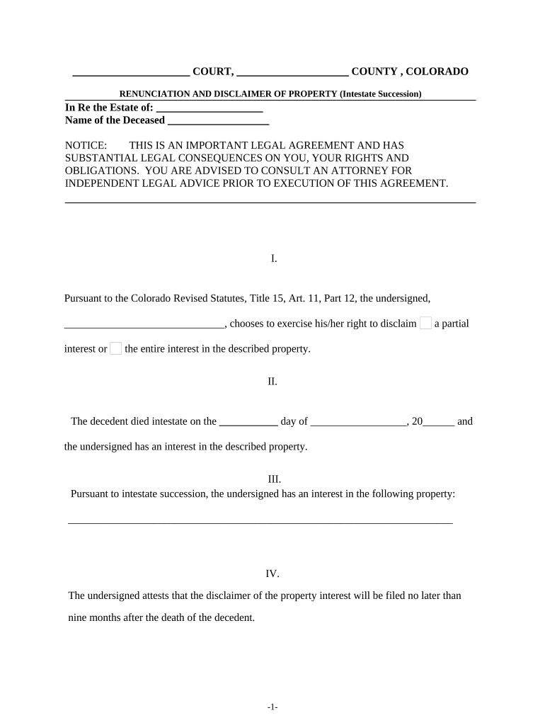 Intestate Succession Colorado  Form