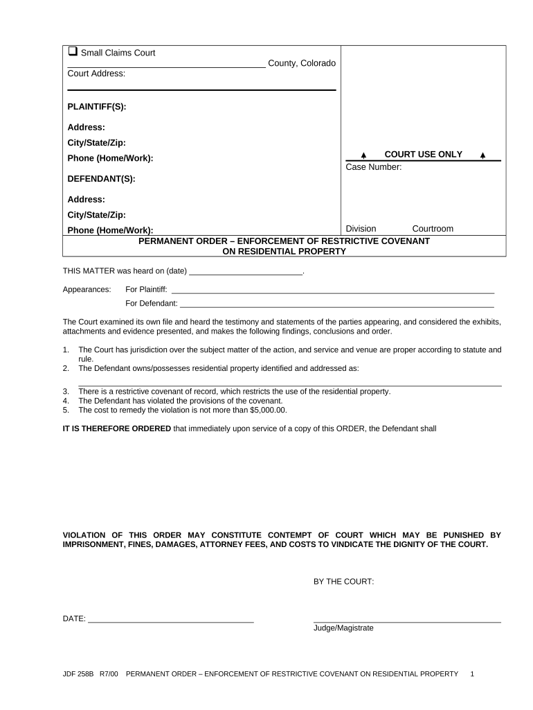 Temporary Order Enforcement of Restrictive Covenant on Residential Property Colorado  Form