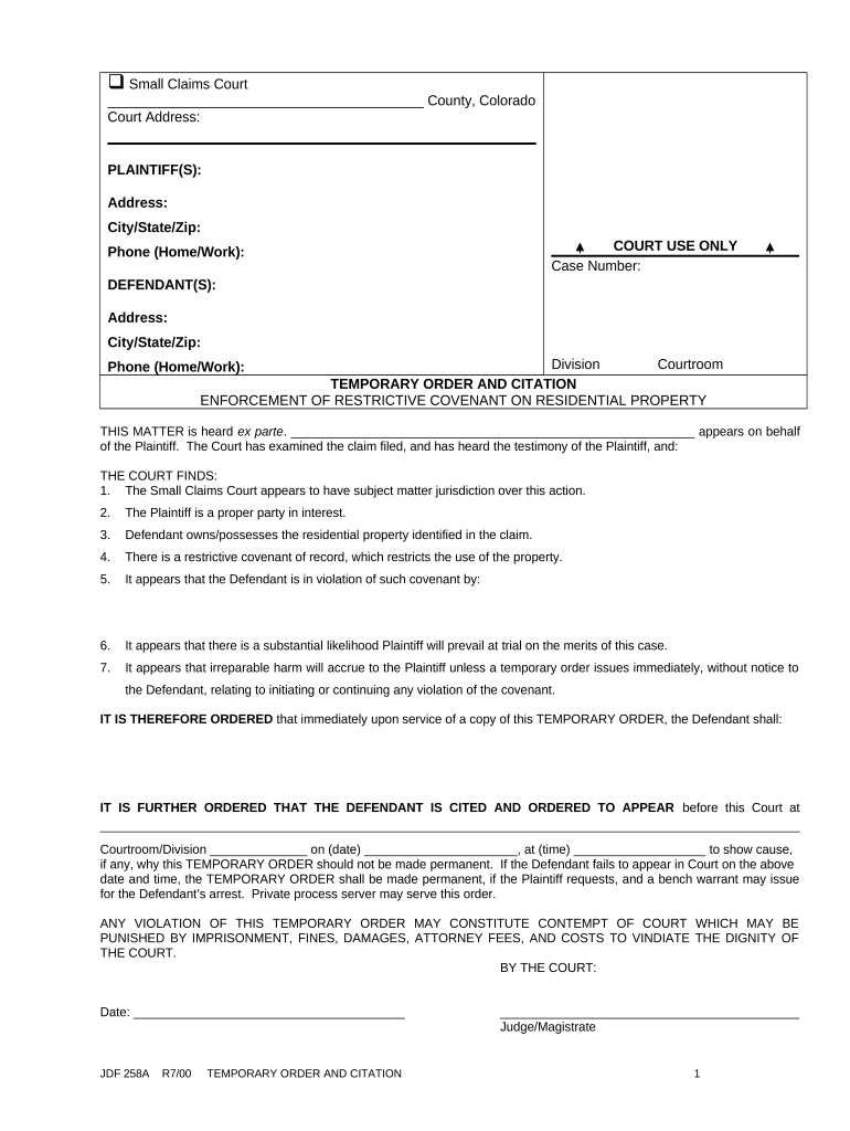 Temporary Order and Citation Colorado  Form