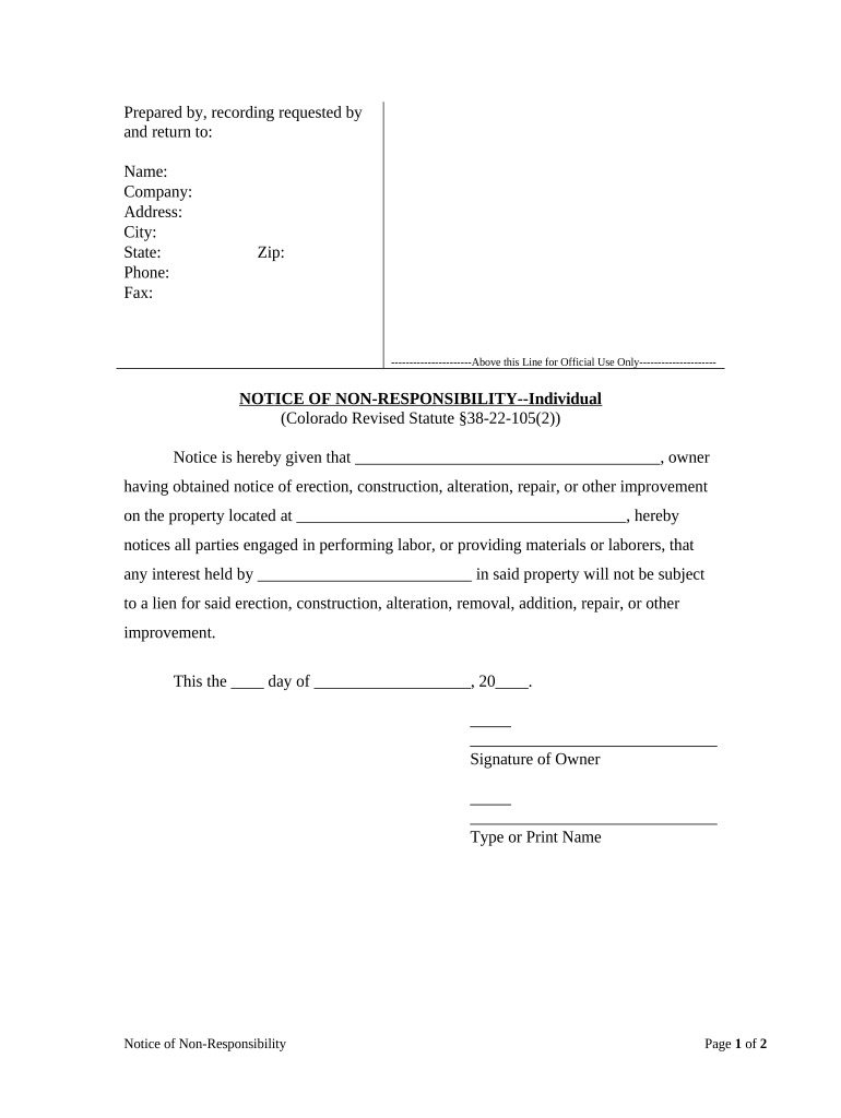 Notice of Nonresponsibility by Individual Colorado  Form