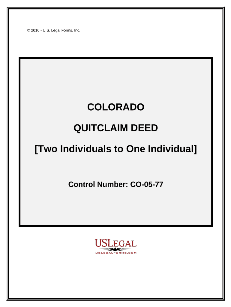 Quitclaim Deed Two Individuals to One Individual Colorado  Form