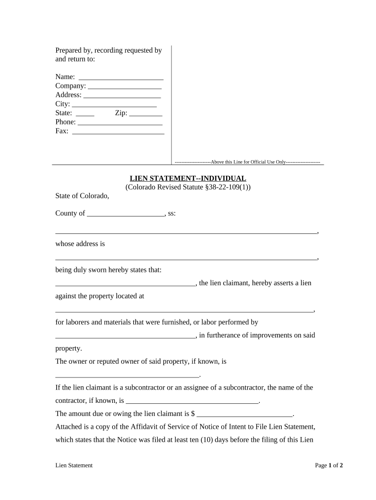 Lien Statement Individual Colorado  Form