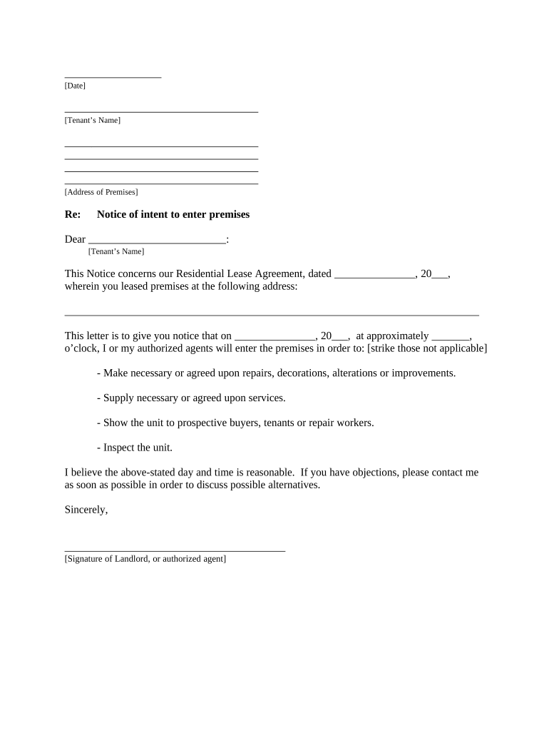 Letter from Landlord to Tenant About Time of Intent to Enter Premises Colorado  Form