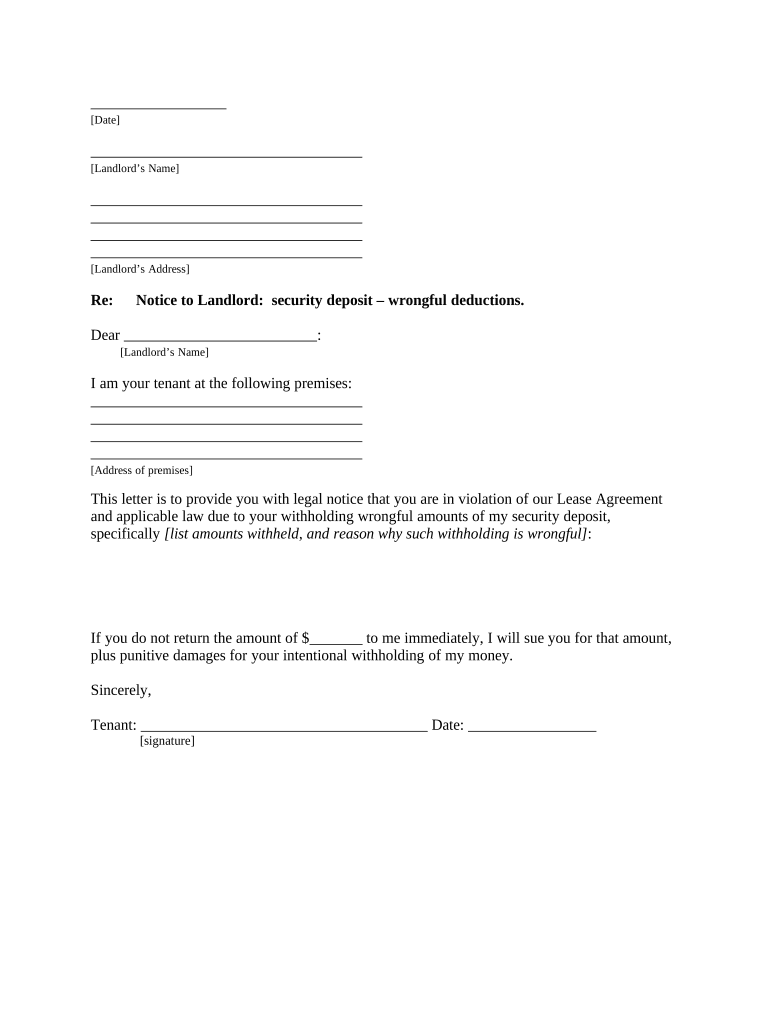 Letter from Tenant to Landlord Containing Notice of Wrongful Deductions from Security Deposit and Demand for Return Colorado  Form