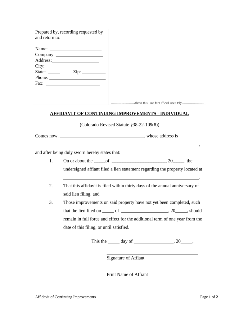 Affidavit of Continuing Improvements Individual Colorado  Form