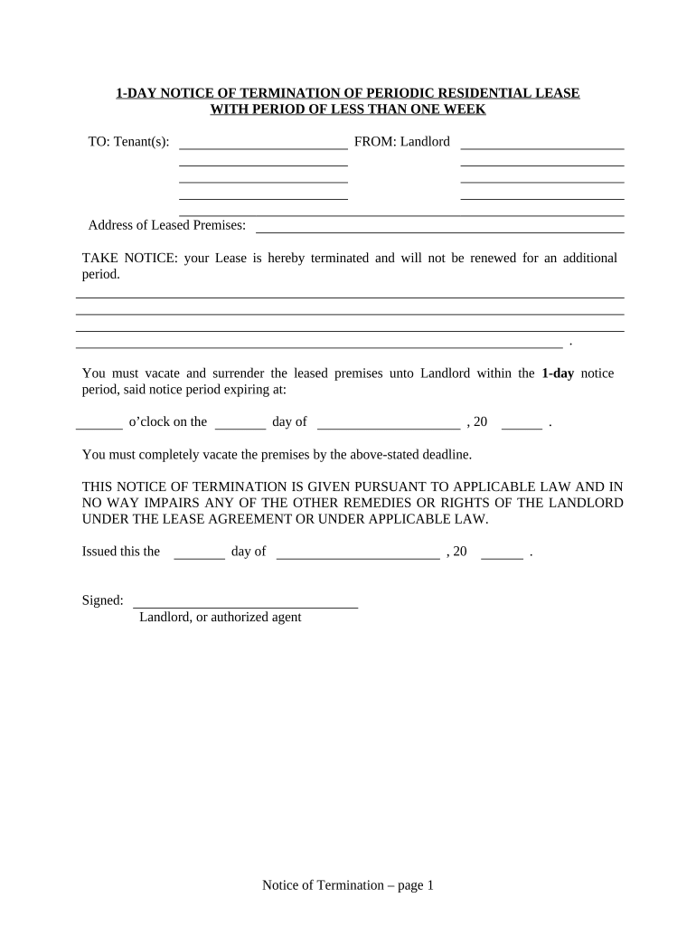 1 Day Notice to Terminate Lease of Less Than One Week for Residential from Landlord to Tenant Colorado  Form