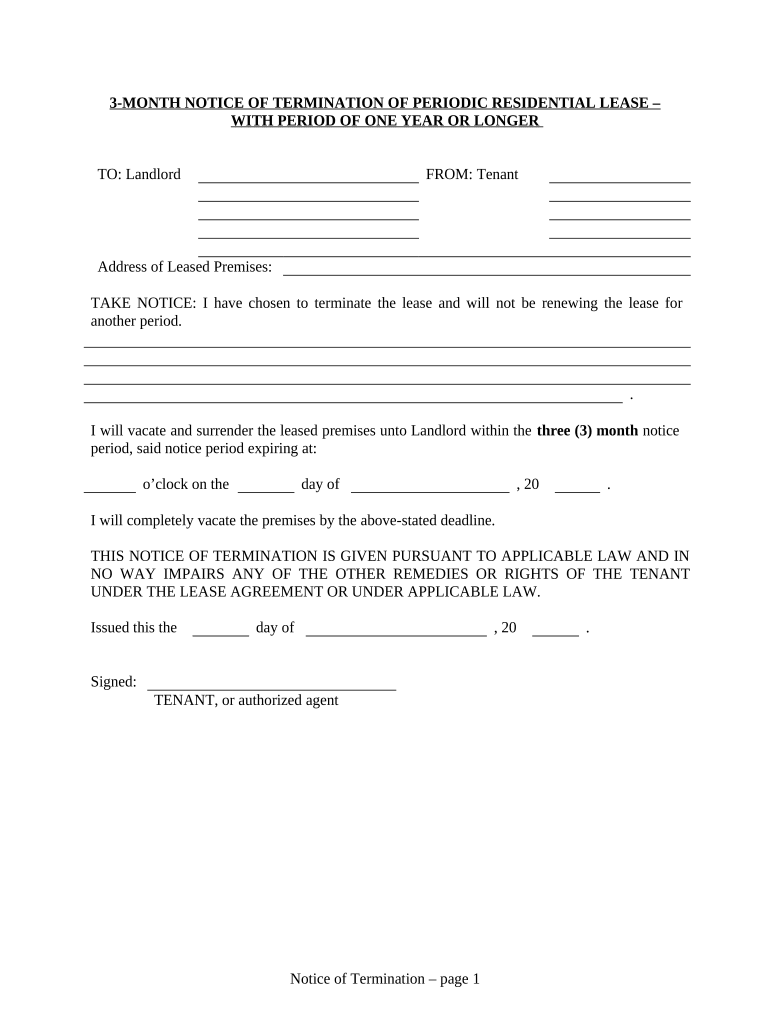 90 Day Notice to Terminate Lease of One Year or Longer Residential from Tenant to Landlord Colorado  Form