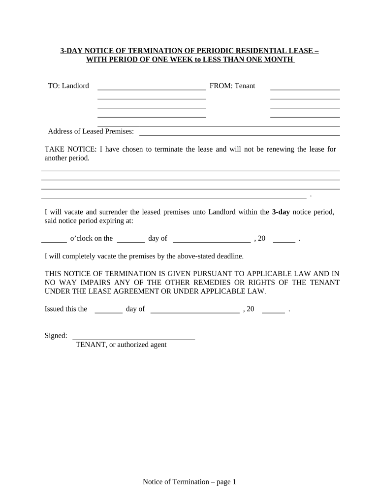 3 Day Notice to Terminate Lease of One Week to Less Than One Month for Residential from Tenant to Landlord Colorado  Form