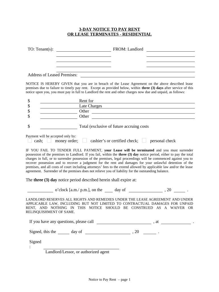 3 Day Notice to Pay Rent or Lease Terminates for Residential Property Colorado  Form