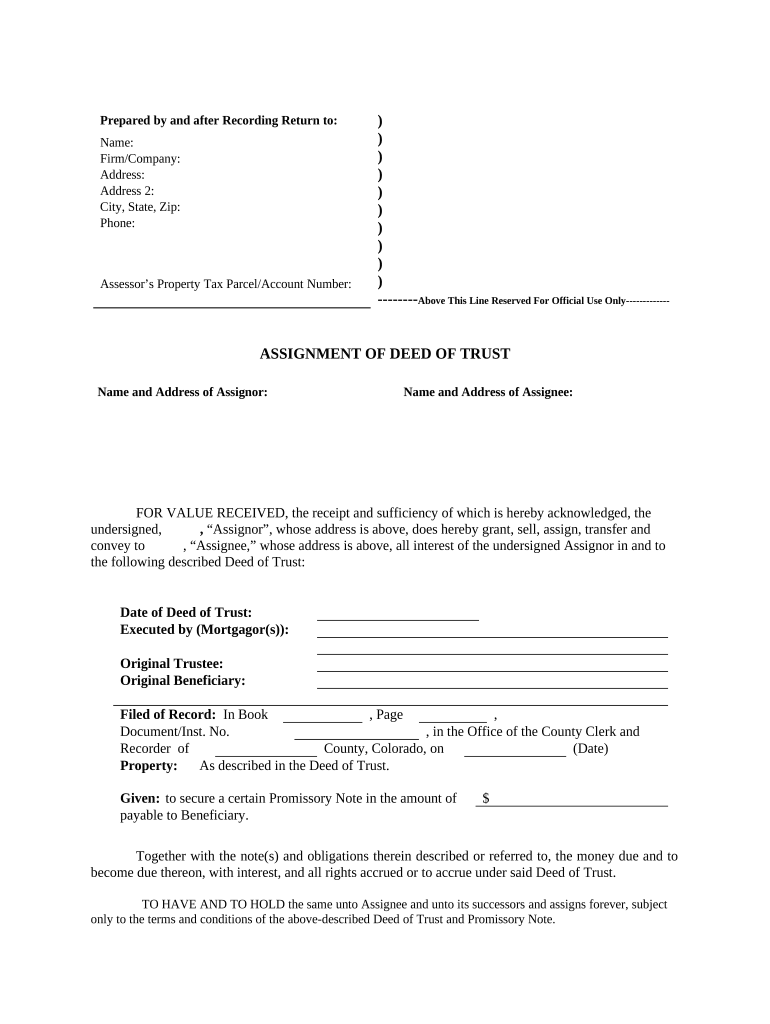 Assignment of Deed of Trust by Corporate Mortgage Holder Colorado  Form