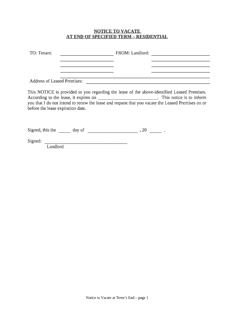 Notice of Intent Not to Renew at End of Specified Term from Landlord to Tenant for Residential Property Colorado  Form