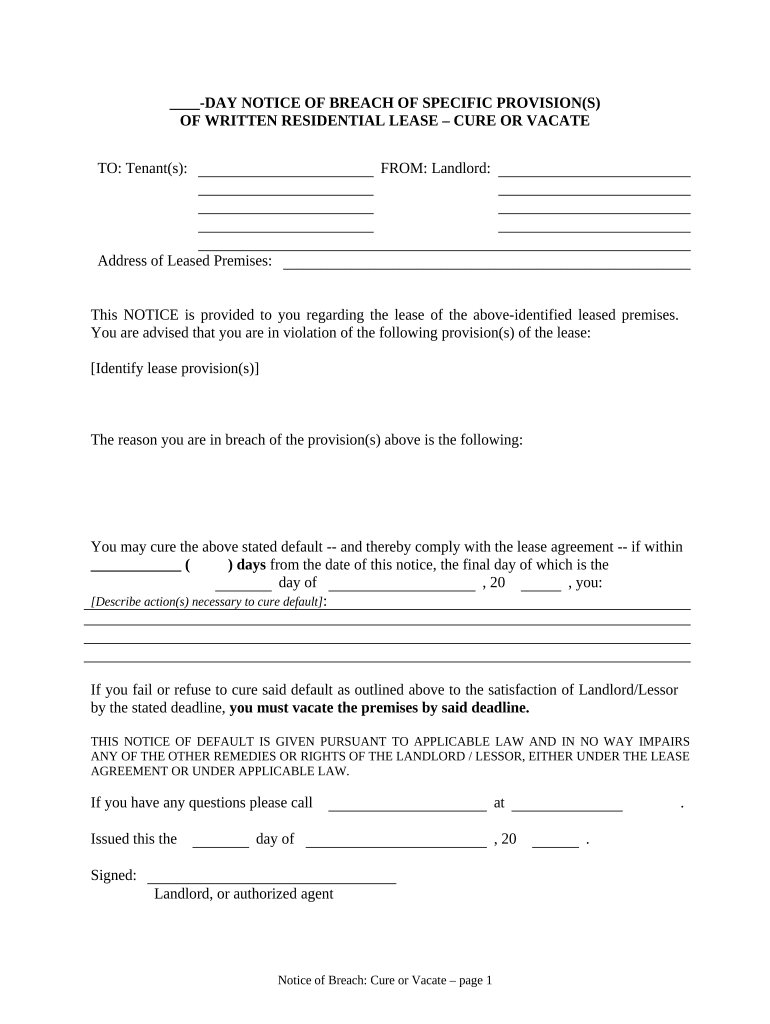 Notice of Breach of Written Lease for Violating Specific Provisions of Lease with Right to Cure for Residential Property from La  Form