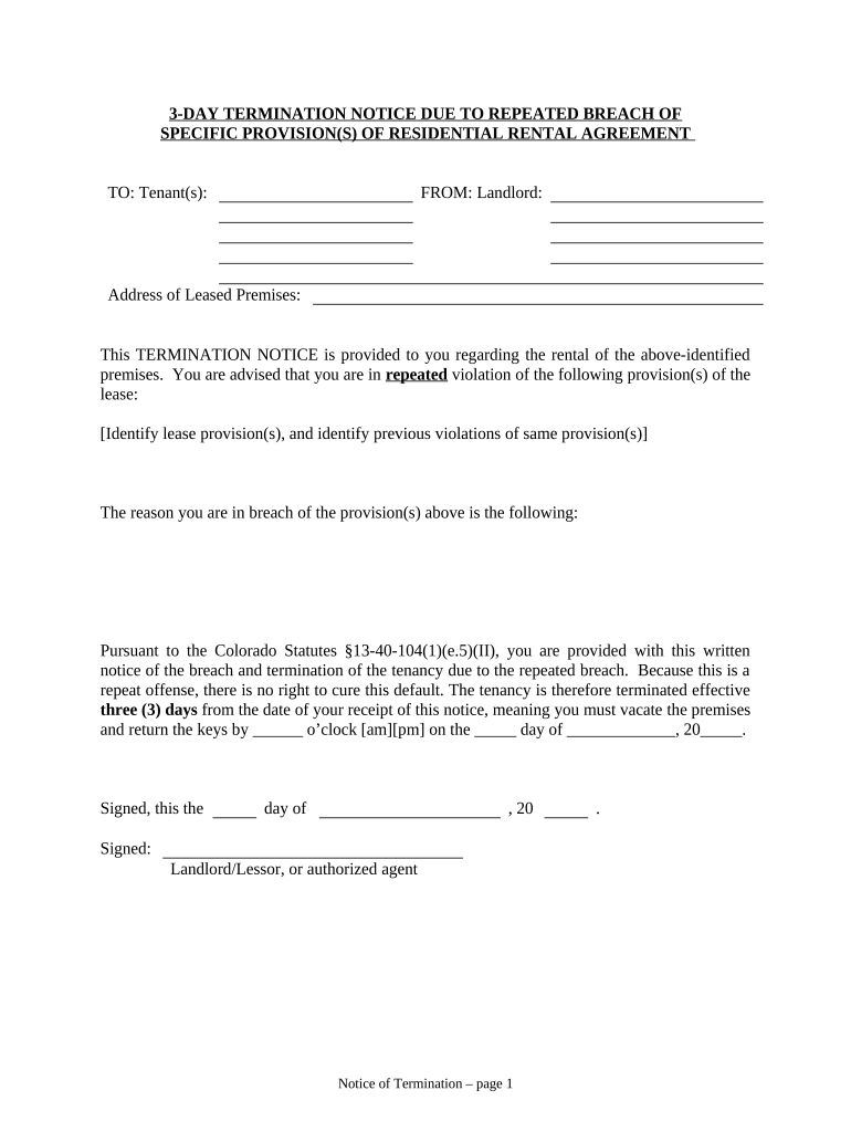 3 Day Termination Notice Due to Repeated Breach of Specific Provisions of Residential Rental Agreement Colorado  Form