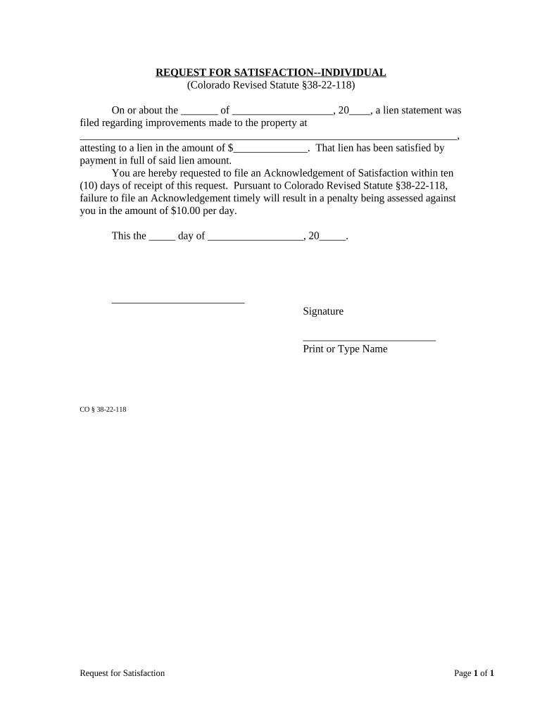 Request for Satisfaction of Lien by Individual Colorado  Form