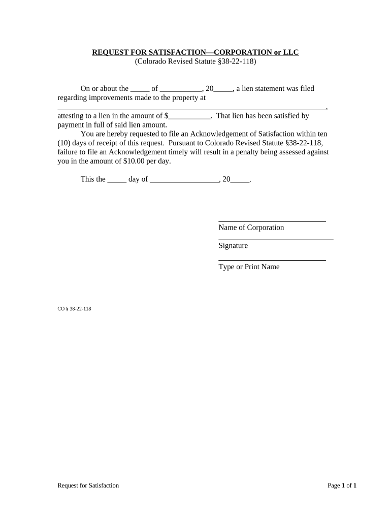 Fill and Sign the Request for Satisfaction of Lien by Corporation or Llc Colorado Form