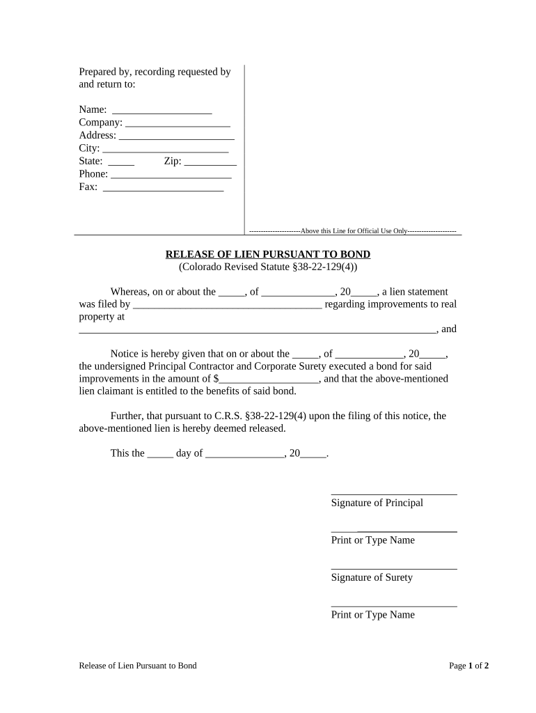 Release of Lien Pursuant to Notice of Bond Colorado  Form