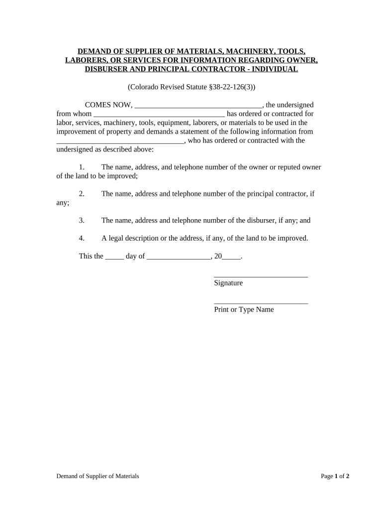 Demand of Supplier of Materials, Machinery, Tools, Laborers, or Services for Information Regarding Owner, Disburser, and Princip